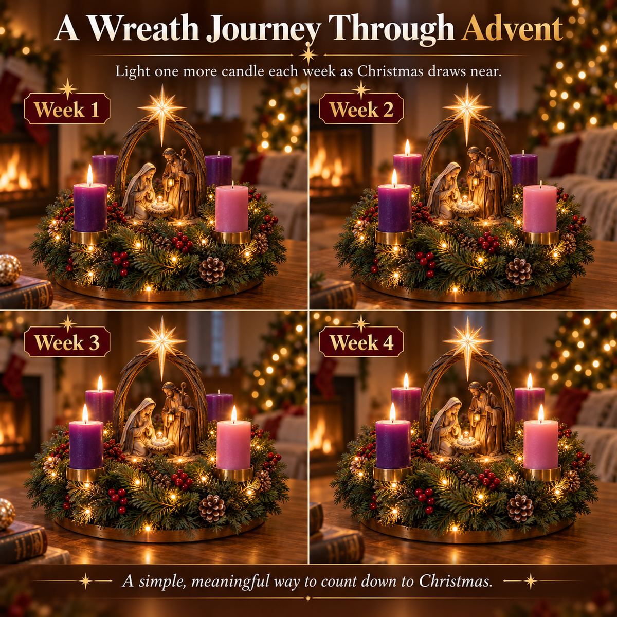 🕯️ Lighted Nativity Advent Wreath – A Sacred 4-Week Christmas Tradition✝️