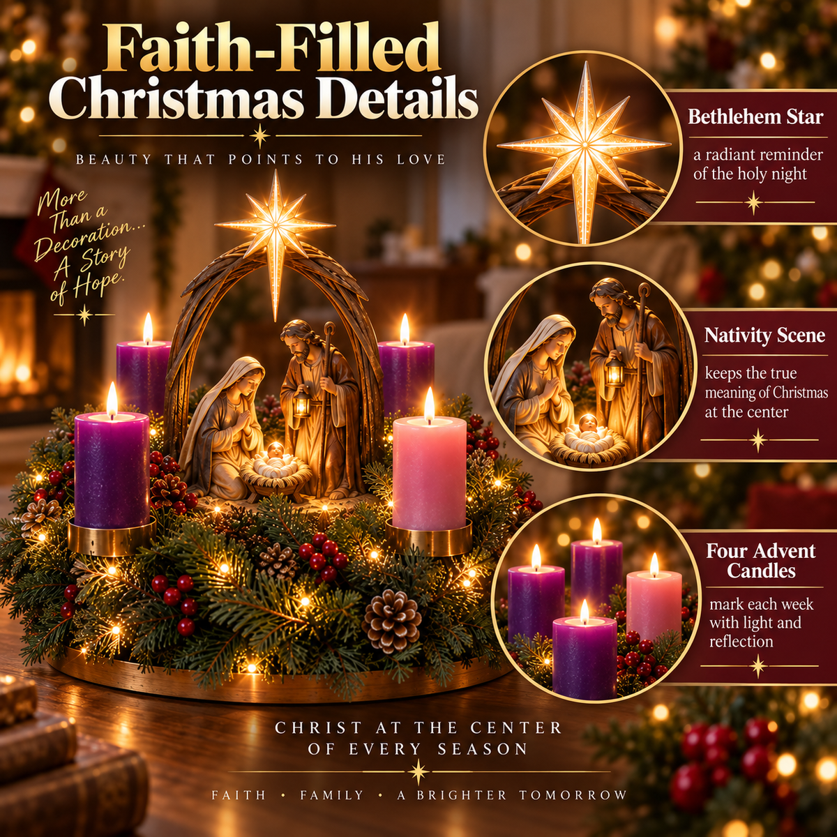 🕯️ Lighted Nativity Advent Wreath – A Sacred 4-Week Christmas Tradition✝️